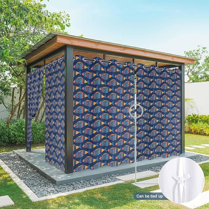 Fish Outdoor Curtains for Patio Vintage National Wind Fish Blue Waterproof