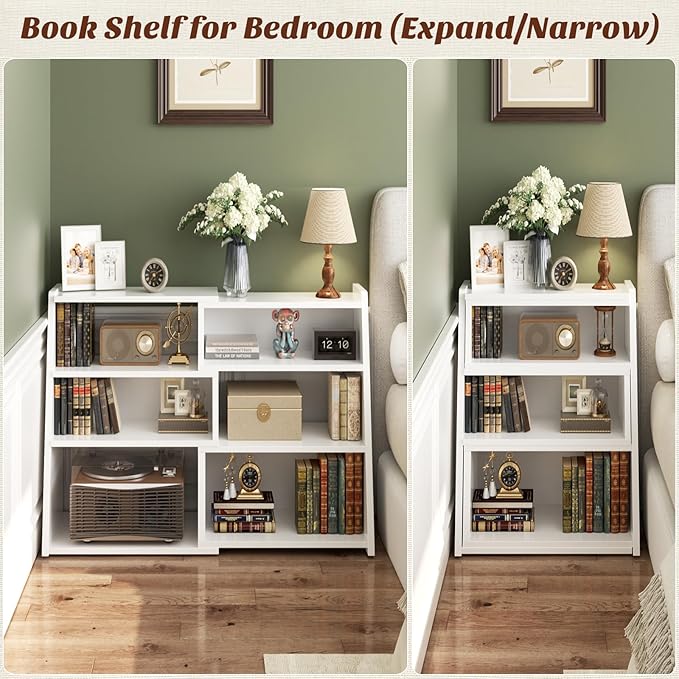 Armocity Book Shelf - Small Expandable Ladder Shelf, Short Corner Bookshelf for Small Spaces, 4 Tier Wood Narrow Bookcase, for Living Room, Bedroom, Entryway, White