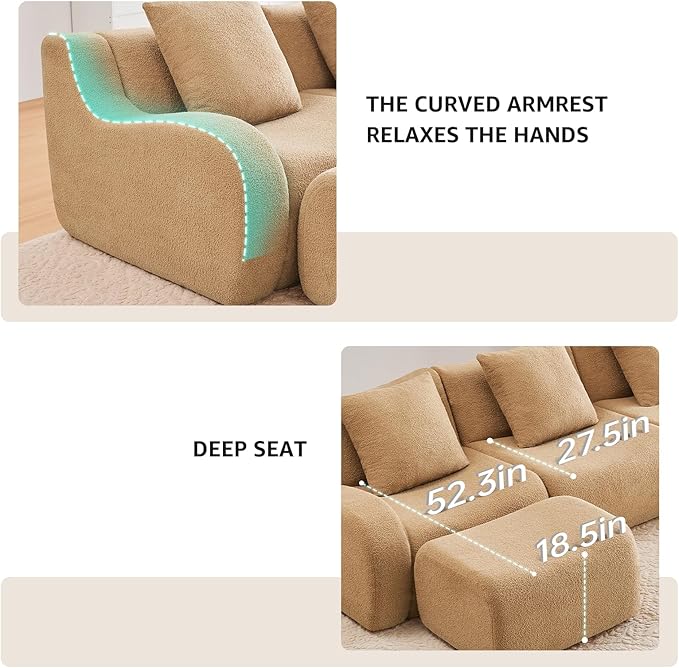 Camel U-Shaped Cloud Couch with 2 Ottomans, Modern Teddy Fabric Boneless Sectional Sofa in a Box for Living Room, Modular Floor Couch, Deep Seat, No Assembly Required, Sofas para Sala