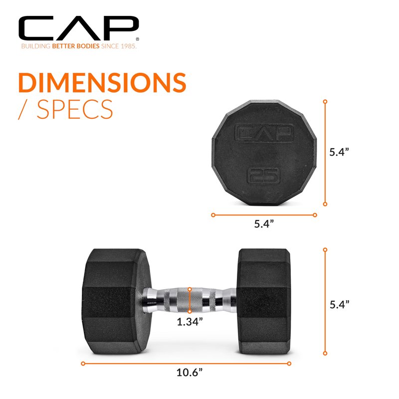 CAP 25 LB 12-Sided Rubber Coated Dumbbell Weight, Rubber Free Weights for Home Gym Strength Training, Chrome Handle, Pair