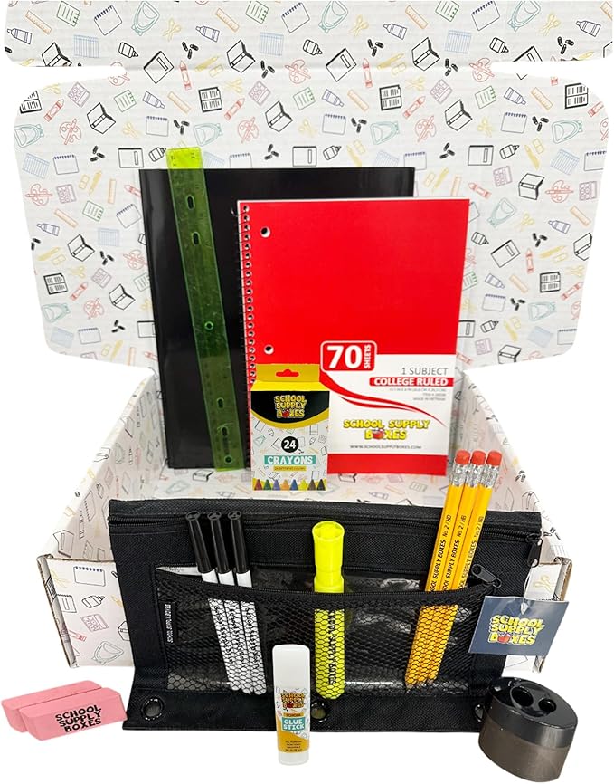 School Supply Boxes | Budget Saver Bundle (1 Box) | Back to School Essentials Kit for Students & Teachers | Includes Spiral Notebook, Crayons, Pens, Pencils, Glue & More