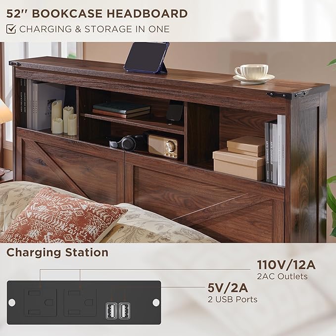 ACCOHOHO Farmhouse Queen Size Bed Frame with 52" Tall Storage Headboard and LED Light,Wood Platform Bed Frame with 4 Drawers and Charging Station,Solid Wood Slats Support,No Box Spring Needed,Brown