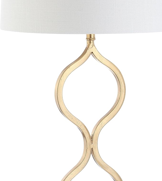 JONATHAN Y 31.5" Gold Curved Metal and Crystal Table Lamp, Modern Glam Bedside Lamp with White Linen Drum Shade for Living Room and Bedroom, LED Bulb Included JYL3028A