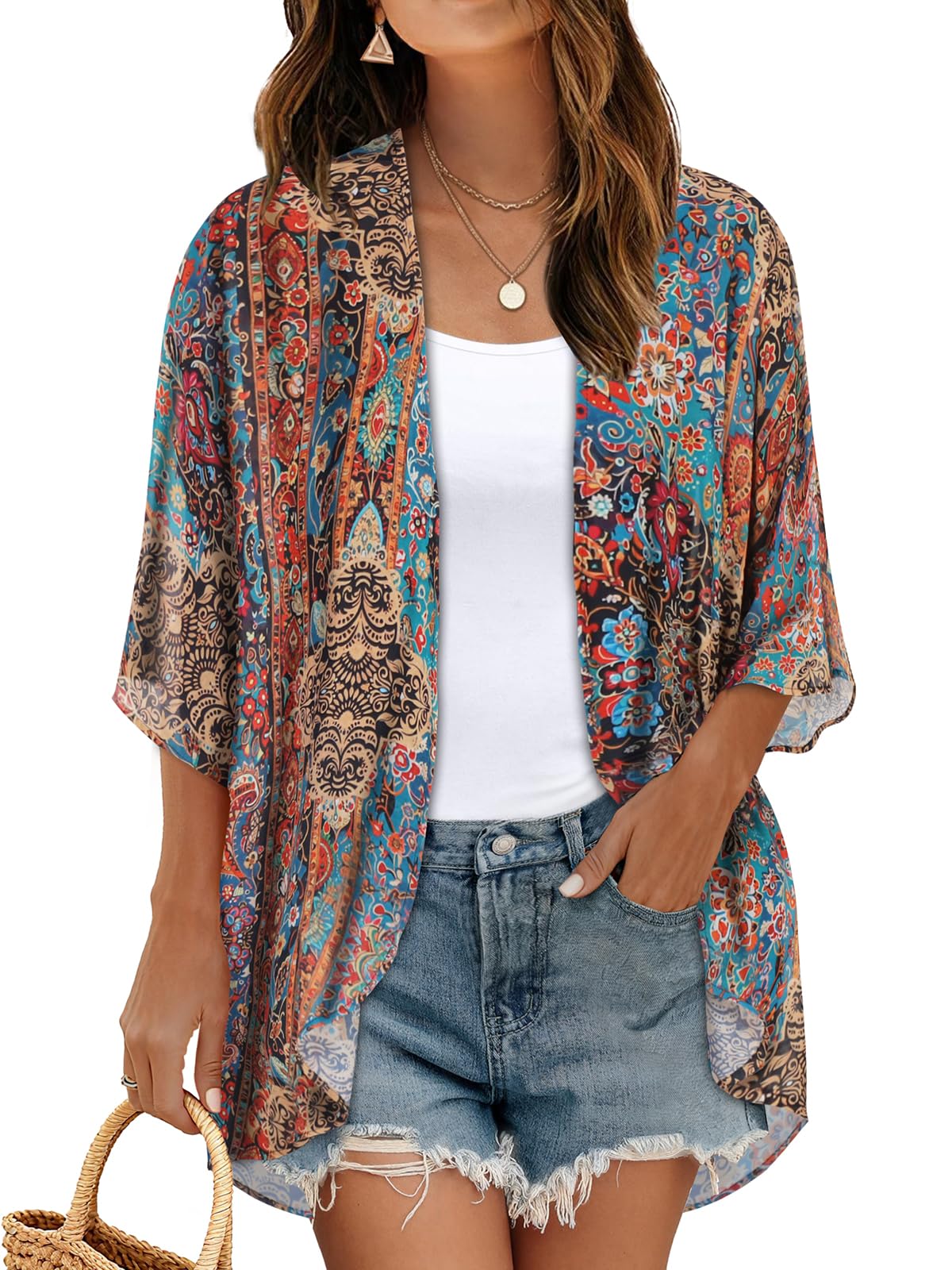 Women's Floral Kimono Print Puff Sleeve Loose Cardigan Cover Up Casual Blouse Tops (Bohemia Print, S)