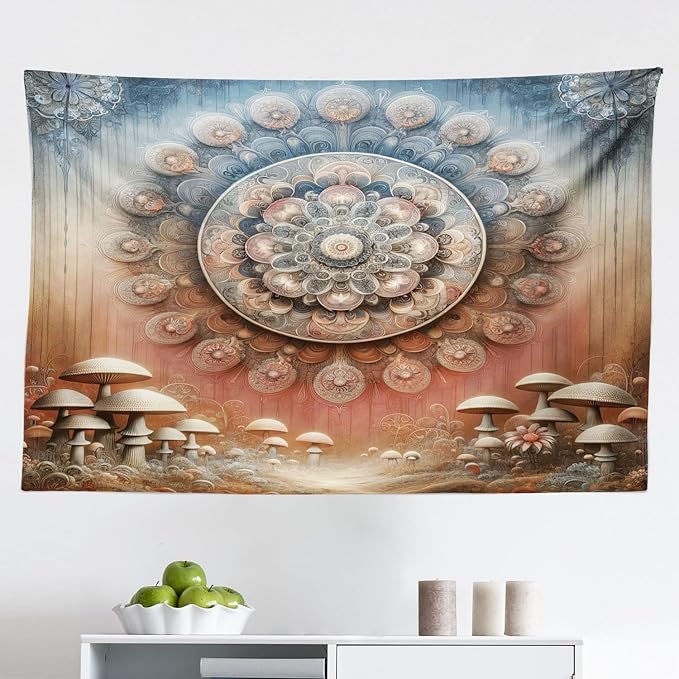 Ambesonne Hippie Tapestry, Fantasy Vibes Mushroom Jungle with Oriental Vibes Mandal Print Peacock, Fabric Wall Hanging Decor for Bedroom Living Room Dorm, 45" X 30", Pale Ruby Blue Grey Ecru