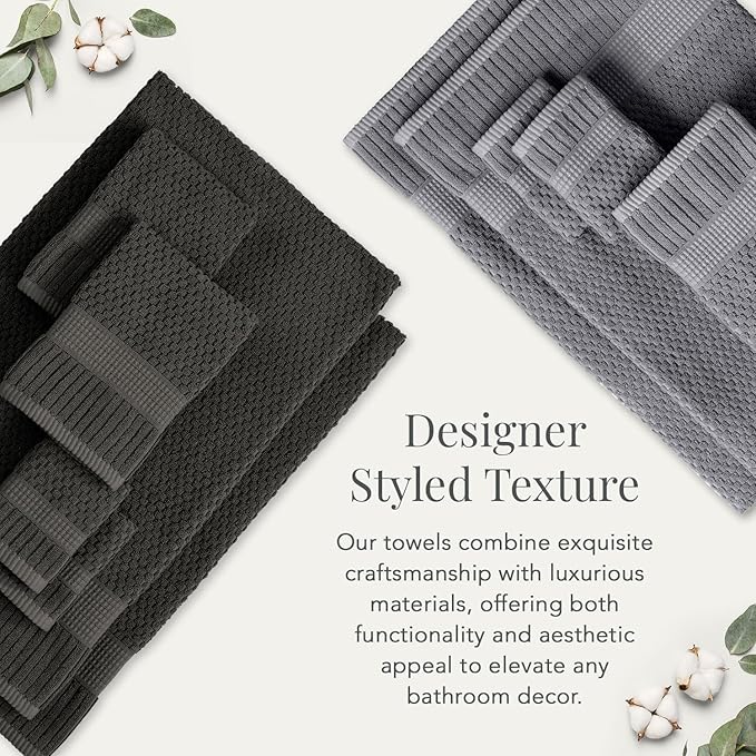 NY Loft 100% Cotton Towel Set 6 Piece | Super Soft & Absorbent Quick-Dry 2 Bath Towels 2 Hand Towels and 2 Washcloths |Textured and Durable Cotton | Trinity Collection (6 Piece Set, Dark Grey)