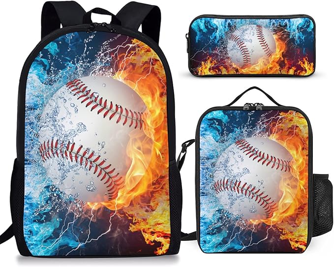 3PCS Baseball Backpack Set for Boys, Lightweight Large Backpack with Lunch Box & Pencil Case, Cool Sport Bookbag for Kids, Back to School Backpacks for Elementary & Middle School - 02