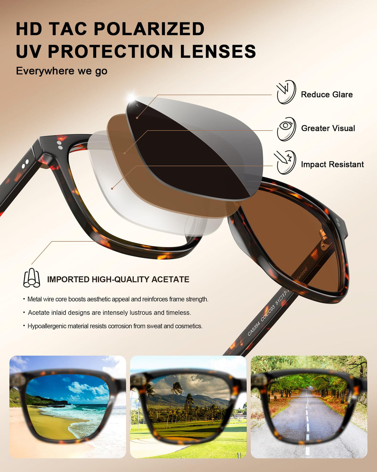 CARFIA Acetate Polarized Sunglasses for Women UV400 Protection CA5354