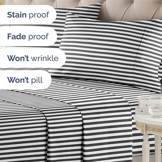 Striped Sheets - Black & White Striped Sheets - 1 Flat & 1 Fitted & 2 Pillowcases w/ Deep Pockets – Wrinkle & Fade Free - Soft, Breathable and Cooling – Luxury Pinstripe Bedding - King Size Bed Set