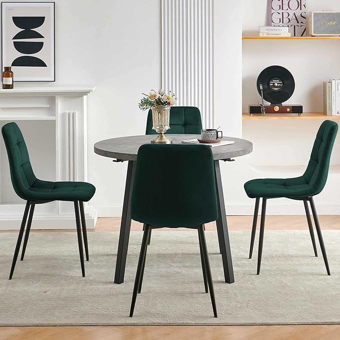 5 PCS Dining Room Table Set, Grey Kitchen Table with Hooks for Hanging, Thick MDF Tabletop, 4 Dark Green Velvet Living Room Chairs