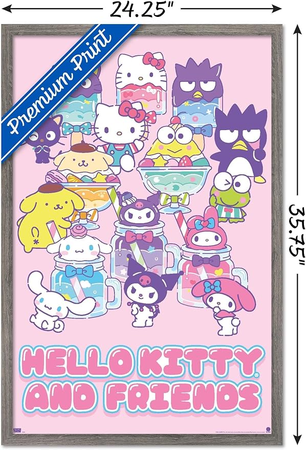 Trends International Hello Kitty and Friends: 24 Summer Fresh - Group Wall Poster, 34L x 22.4W, Barnwood Framed Version