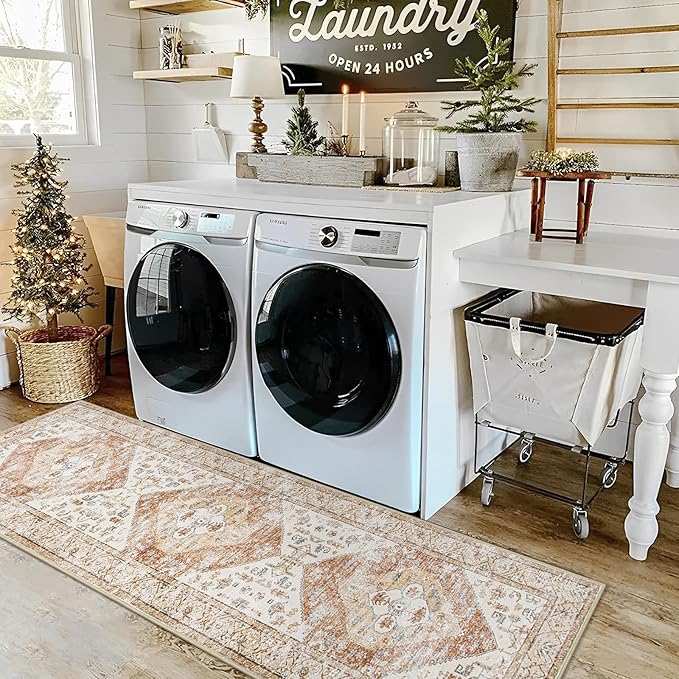 Lahome Boho Washable Runner Rug - 2x6 Hallway Rug Kitchen Runner Non-Slip Throw Thin Bedroom Rugs Laundry Room Oriental Distressed Print Carpet for Entrance Bathroom Living Room