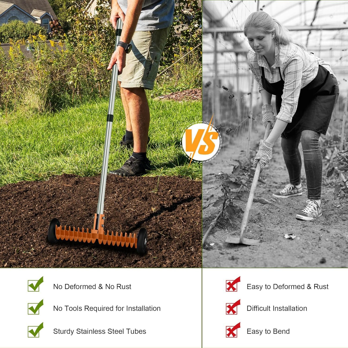Thatch Rake for Lawn, 15-Inch Dethatcher Rake with Rolls Efficient Steel Metal Rake, Adjustable 0-15°, 38-68 Inch Handle, Heavy-Duty Thatching Rakes for Cleaning Dead Grass, Yard Garden Care
