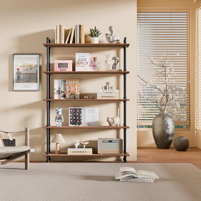 Industrial Bookshelf, 5-Tier Pipe Shelf, Wall Mounted Bookcase for Home and Office (Weathered Brown, 48" L x 11.8" W x 70" H)