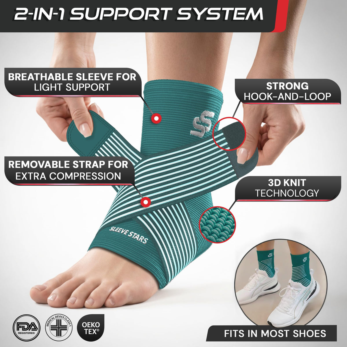 Sleeve Stars Ankle Brace for Women & Men, Ankle Wrap for Sprain, Compression Sleeve for Plantar Fasciitis Relief, Easy Customizable Support: w/ Removable Strap (Single/M:10"-12"/Turquoise)