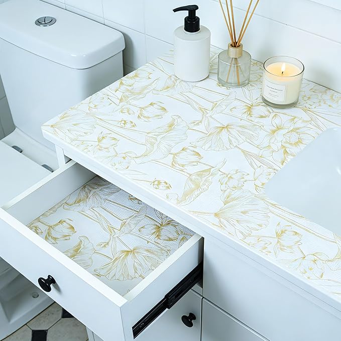 Shelf Liners Non Adhesive Light Base Gold Lotus Pattern - Thickened Non-Slip Easy to Clean Drawer Liner for Kitchen Cabinets, Tool Box, Refrigerator, with Knife & Tape Measure, 12in x 10FT