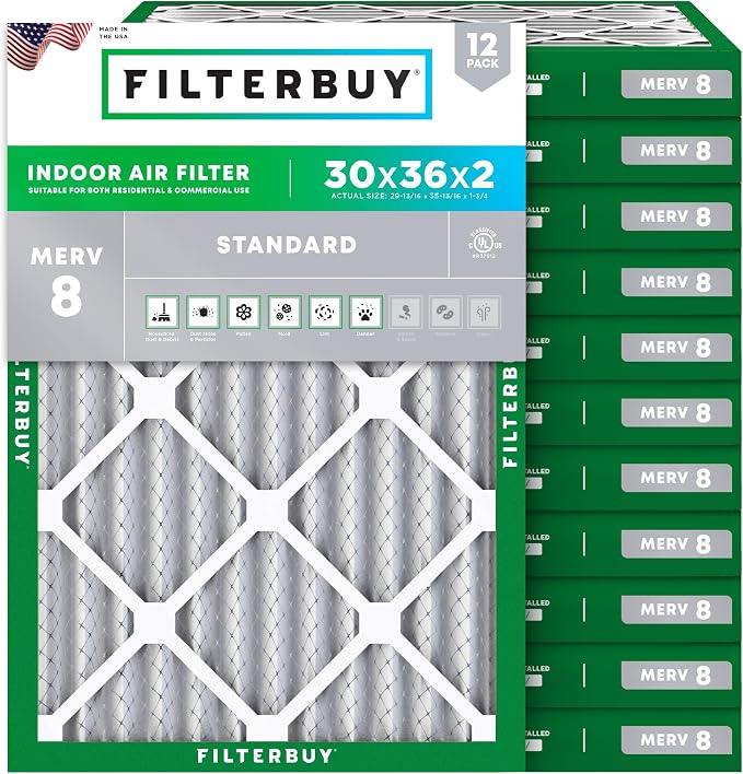 Filterbuy 30x36x2 Air Filter MERV 8 Essential Dust & Allergy Defense,