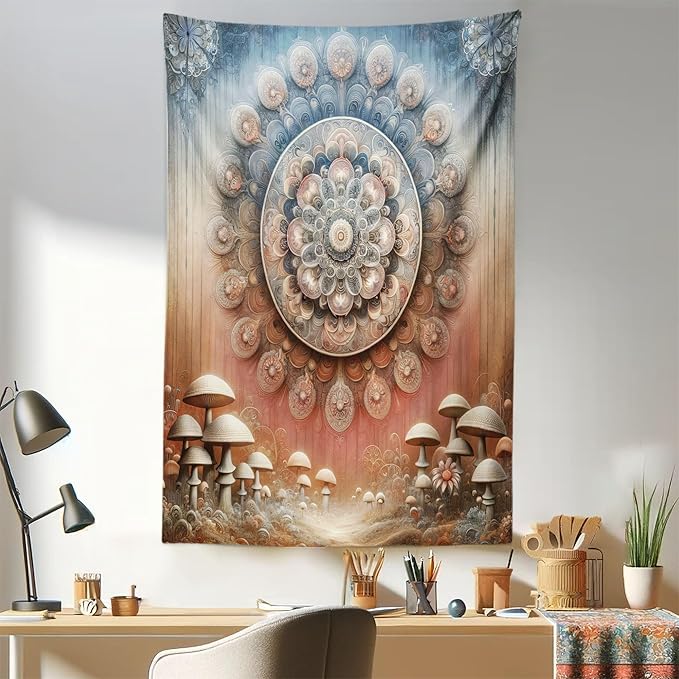 Ambesonne Hippie Tapestry, Fantasy Vibes Mushroom Jungle with Oriental Vibes Mandal Print Peacock, Fabric Wall Hanging Decor for Bedroom Living Room Dorm, 30" X 45", Pale Ruby Blue Grey Ecru