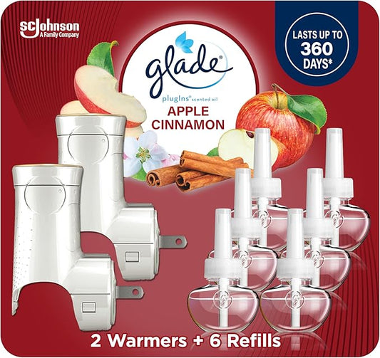 Glade PlugIns Air Freshener Starter Kit, Scented and Essential Oils for Home and Bathroom, Apple Cinnamon, 4.02 Fl Oz, 2 Warmers and 6 Refills
