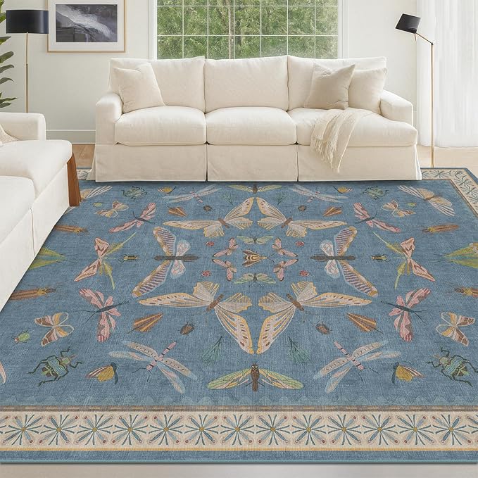 Blue Washable Kids Playroom Rug - 5x7 Area Rugs for Nursery Baby Boy, Bedroom, Living Room, Toddler Boy Room Decor, Cute Animals Print Carpet, Super Soft Non Slip Stain Resistant