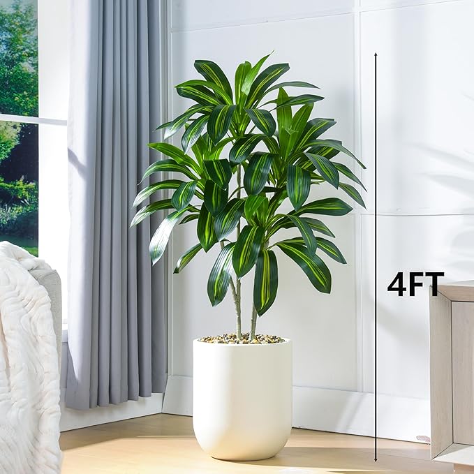 Artificial Dracaena Plant 4FT Tall - Fake Tree with White Planter - Faux Yucca Tall Fake Floor Plant in Pot - Artificial Trees for Home Bedroom Office Indoor Living Room Decoration