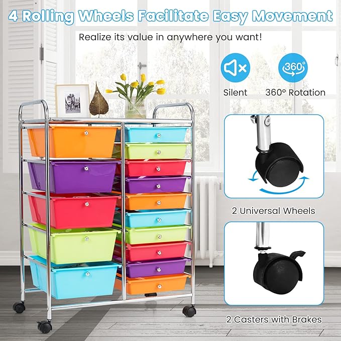 COSTWAY 15 Drawer Rolling Storage Cart, Multipurpose Mobile Storage Organizer w/Removable Drawers & Metal Frame, Utility Tools Paper Organizer on Wheels for Home, Office (Multi-color)