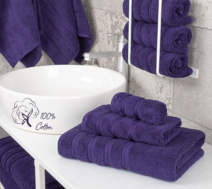 American Soft Linen Premium 3 Piece Towel Set, 1 Bath Towel 1 Hand Towel 1 Washcloth, 600 GSM 100% Cotton Turkish Towels for Bathroom, Purple Towel Set