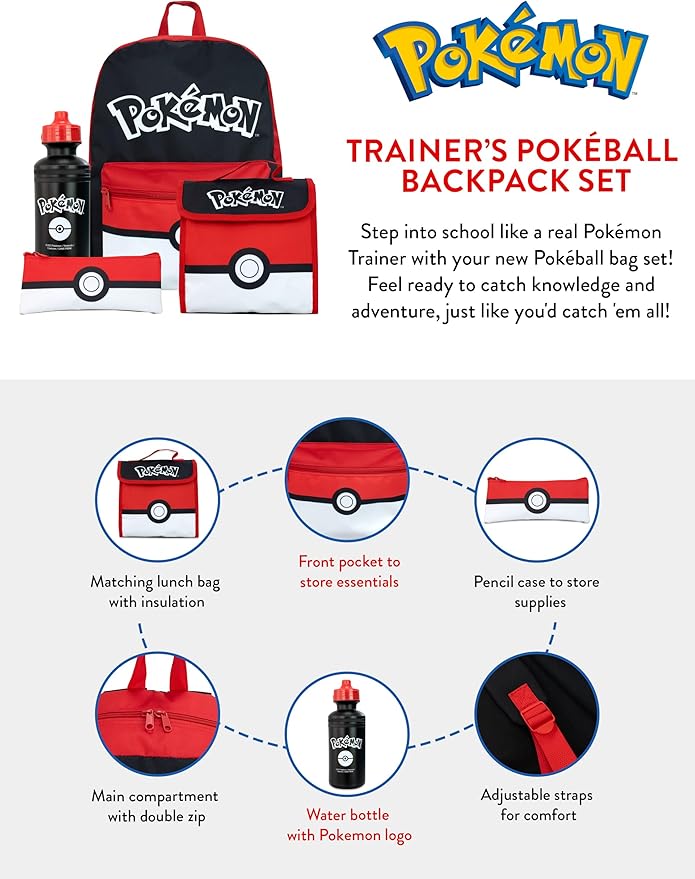 Pokémon School Bag 4 Piece Set | Kids Backpack And Lunch Bag Set With Pencil Case And Water Bottle | Children's Backpacks