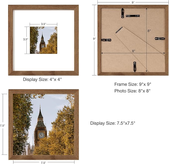 Axeman 8x8 Solid Oak Wood Frame With Mat For 4x4 | 8 By 8 Wooden Picture Frame | Plexiglass And Hanging Hardware Included | Walnut, 3 PCs