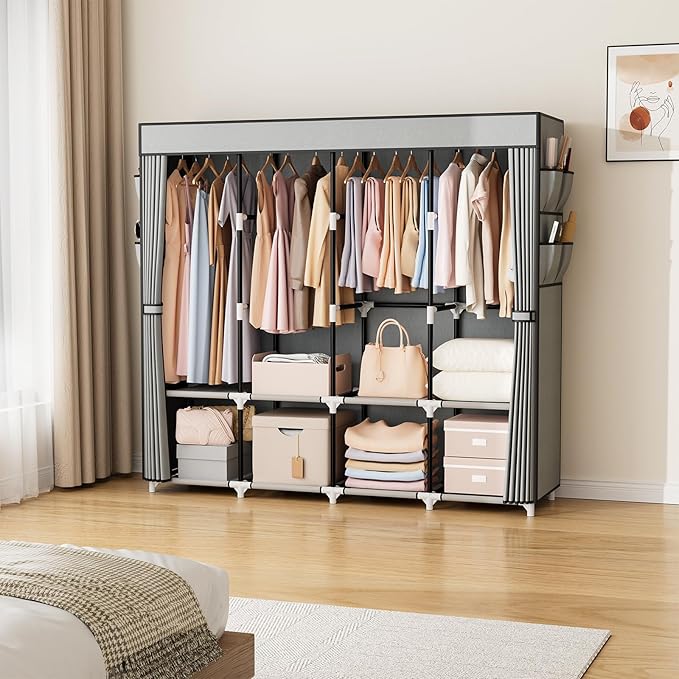 VTRIN Portable Closet for Hanging Clothes 67 Inch Wide Large Capacity Portable Wardrobe Closet with Cover, 4 Storage Shelves and 4 Hanging Rod Sturdy Free Standing Closet for Bedroom, Grey