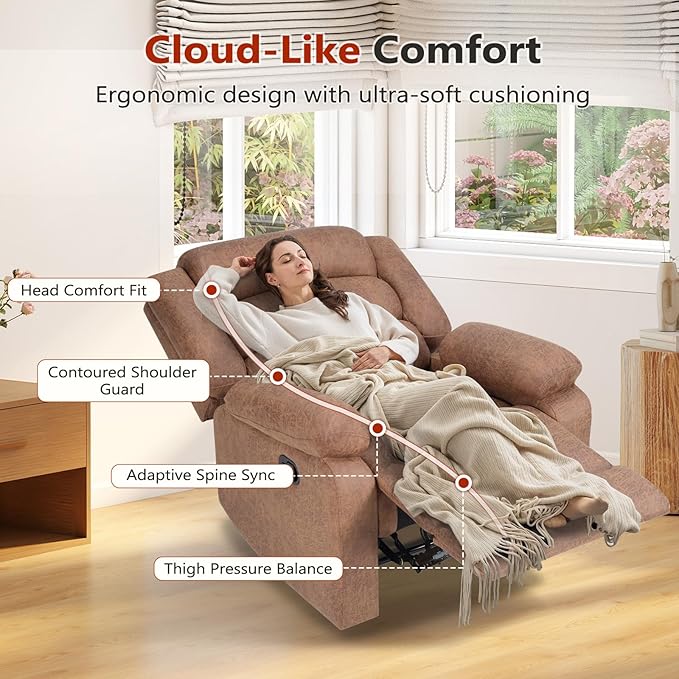 ANJ Recliner Chair, Overstuffed Manual Living Room Chair with Breathable Faux Leather, Comfortable Reclining Chair for Relaxation