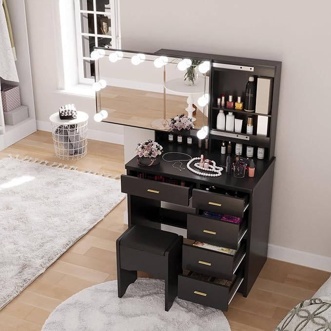 Makeup Vanity Desk with Sliding Mirror and Lights, Vanity Desk with 10 LED Bulbs, 3 Adjustable Light Modes, 5 Drawers & Storage Shelves, Makeup Vanity Set for Bedroom, Black