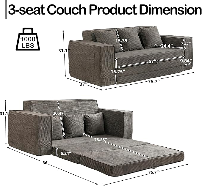 HOMREST Convertible Memory Foam 3-seat Sofa & Loveseat, Pull Out Sleeper Sofa Bed, 2 in 1 Folding Couch Bed, Fold Out Floor Couch Corduroy Fabric with Pillows for Living Room Bedroom Lounge(Grey)