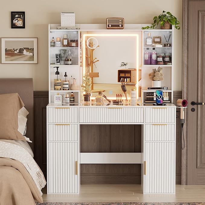PAKASEPT Vanity Desk with Mirror and Lights, Fluted Makeup Vanity Desk with Lights 3 Colors, Glass Top Vanity with 16 RGB Colors Cabinet, 2 Shelves & 5 Drawers & Power Outlet