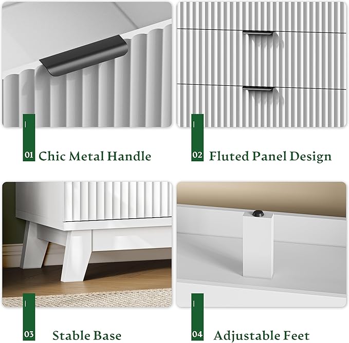 Fluted Dresser with 7 Drawers, 58" Wide Modern Chest of Drawers with Metal Handle, Wooden Dresser TV Stand, Wood Closet Clothes Storage Organizer for Bedroom, Living Room, Hallway, Solid White