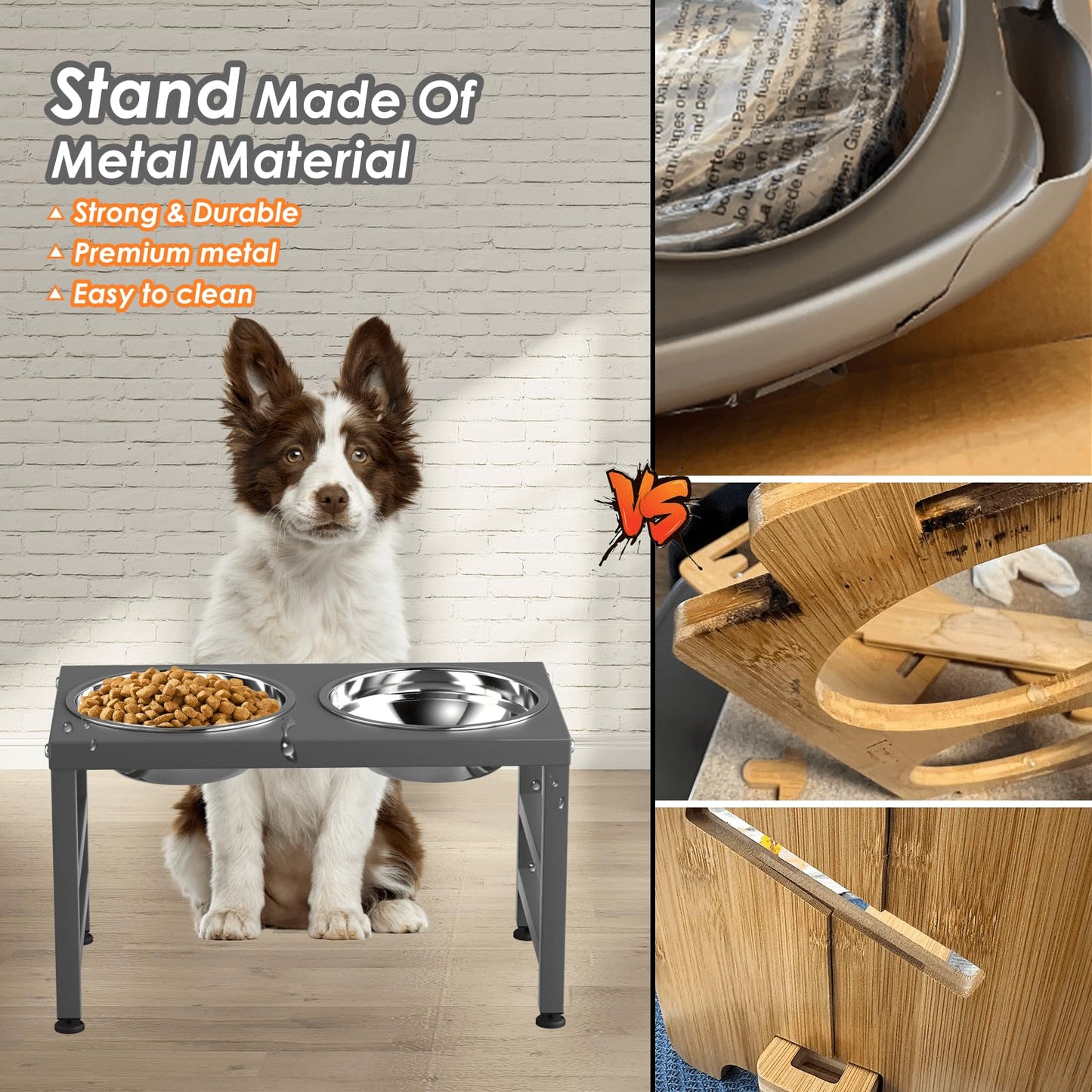 ADENGL Metal Raised Dog Bowl, 10" Tall Elevate Dog Feeder Stand with 2 Stainless Steel 42oz Bowls & 16x24 Non-Slip Mat – Stronger Dogs Food & Water Bowl Stand (Grey)