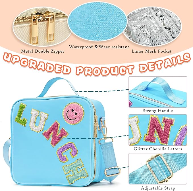 Insulated Lunch Bag Women Lunch Box Kids for Teen Girls Boys, Cute Preppy Lunch Boxes With Adjustable Shoulder Strap, Waterproof Nylon Lunchbox Lunch Bags for School Work Picnic (Blue)