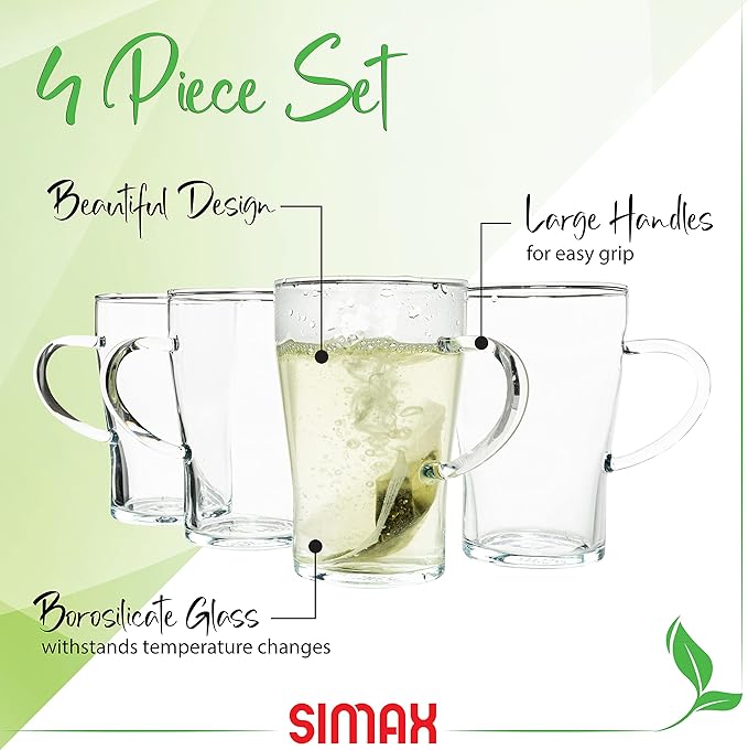 Simax Glassware Clear Glass Coffee Mug Set | Cold, Heat, and Shock Resistant Borosilicate Glass, Microwave and Dishwasher Safe, Includes Four (4) 10 Ounce Cups