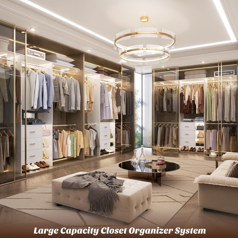 Aheaplus Closet System, Closet Organizer with 3 Wooden Drawers, 8FT Closet Organizer System, 96’’ Walk-in Closet Wardrobe Clothes Rack with Hanging Rods, Garment Rack, Fits 5.3-9 ft, -W3,White