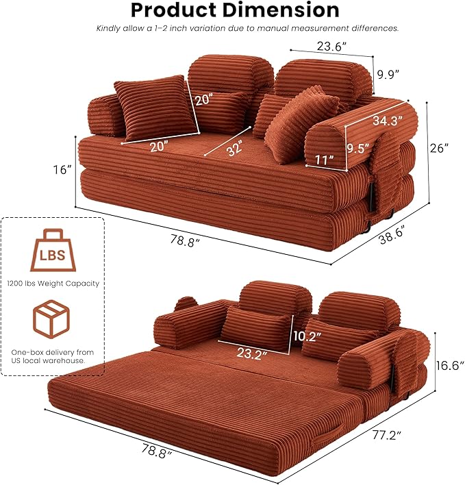 Convertible Sofa Bed,79'' Foldable Sleeper Lounge Modular Couch Comfort Compression Sofa Loveseat for Small Spaces Comfort for Apartment Bedroom (Corduroy Fabric, Orange1)