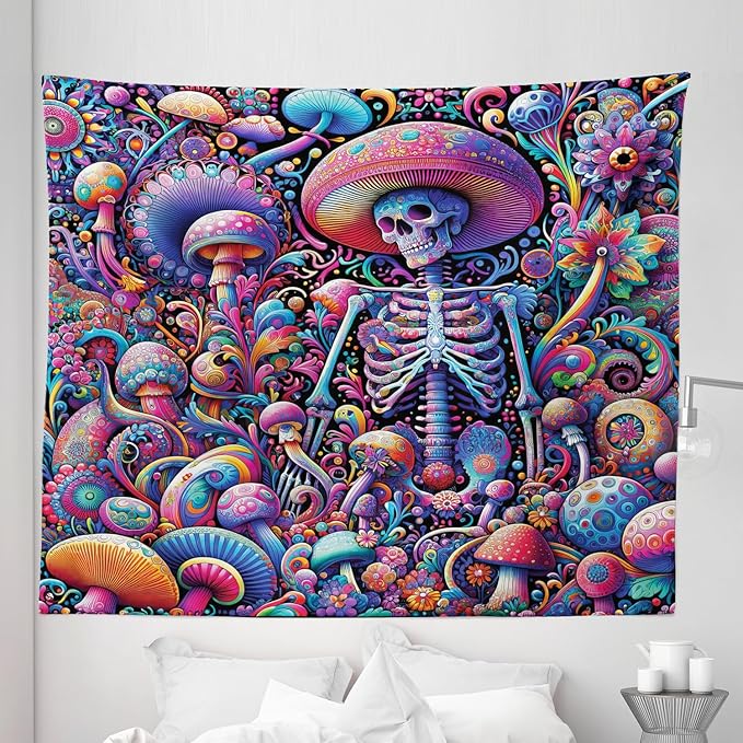 Ambesonne Trippy Tapestry King Size, Rave Tone Psychedelic Skeleton Mushroom Huddles Psychedelic Jungle, Wall Hanging Bedspread Bed Cover Wall Decor, 104" X 88", Magenta Indigo Multicolor