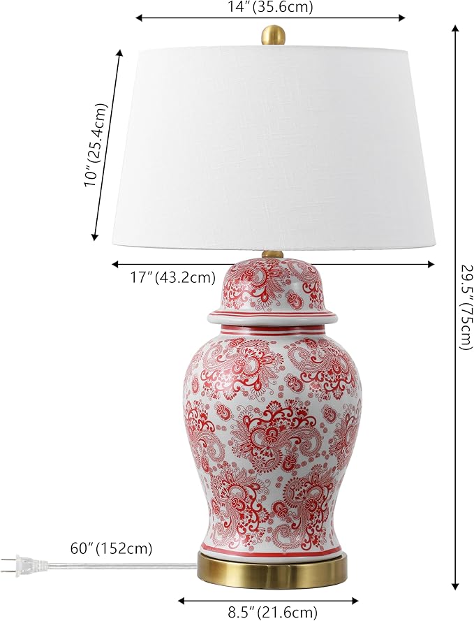 JONATHAN Y 29.5" Red/White Ceramic Table Lamp for Living Room and Office, White Linen Drum Shade, Traditional Chinoiserie Ginger Jar Lamp, LED Bulb Included (JYL3008C)