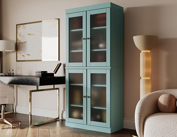 Palace Imports Solid Wood Bookcase w/Frosted Glass Doors & Adjustable Shelves for Living Room - 6-Tier Tall Bookshelf, 71.5" H x 32” W - Aqua, 100% Renewable Eco-Friendly Wood, Made in Brazil