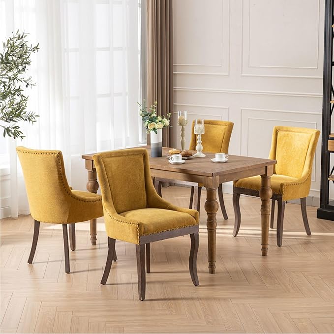 Farmhouse Dining Chairs Set of 4, Upholstered Fabric Dining Room Accent Chairs with Wood Legs & Bronze Nailhead, High Wingback Kitchen Chairs for Living Room Hotel Apartment, Golden Yellow