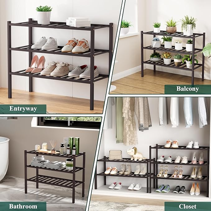 Smiry Shoe Rack, 2 Tier Small Bamboo Shoe Organizer, Stackable Free Standing Wooden Shoe Storage Shelf for Closet, Entryway, Front Door Entrance, Brown