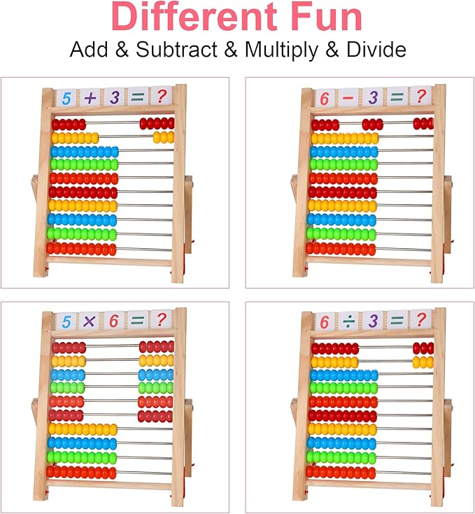 KIDWILL Preschool Math Learning Toy,10-Row Wooden Frame Abacus with Multi-Color Beads, Counting Sticks, Number Alphabet Cards, Gift for 2 3 4 5 6 Years Old Toddlers Boys Girls