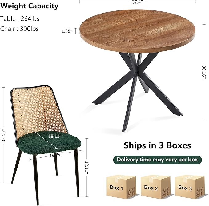 NORDICANA 3-Piece Wooden Dining Set, Space-Saving Round Table & Chair Set for Kitchen, Breakfast Nook, Rattan Wicker Dining Chairs with Boucle Seats - Green