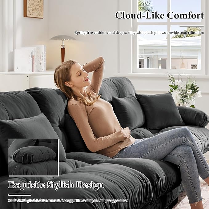 133.8" Oversized Couch, 3 Seater Modular Sectional Sofa, Grey Large Sectional Fluffy Couch Set, Chenille Cloud Couch with 5 Pillows, Deep Seat Sofas for Living Room