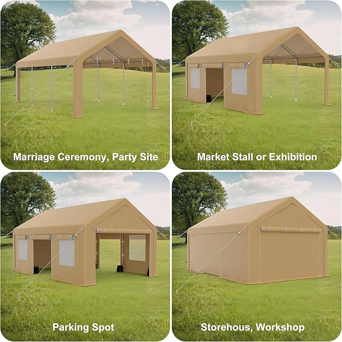 Heavy Duty Carport, Portable Garage with 4 Doors & 4 Window，Upgraded Carport with Reinforced Steel Poles, Uv Resistant All-Season Waterproof Tarp, for Car, Truck, Boat