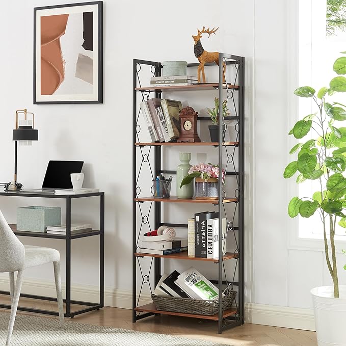 VECELO Folding Bookshelf 5-Tier,Industrial Metal Frame & Wood Shelves,Foldable Bookcase Easy Assembly Free Standing Tall Storage Organizer for Living Room,Office,Bedroom